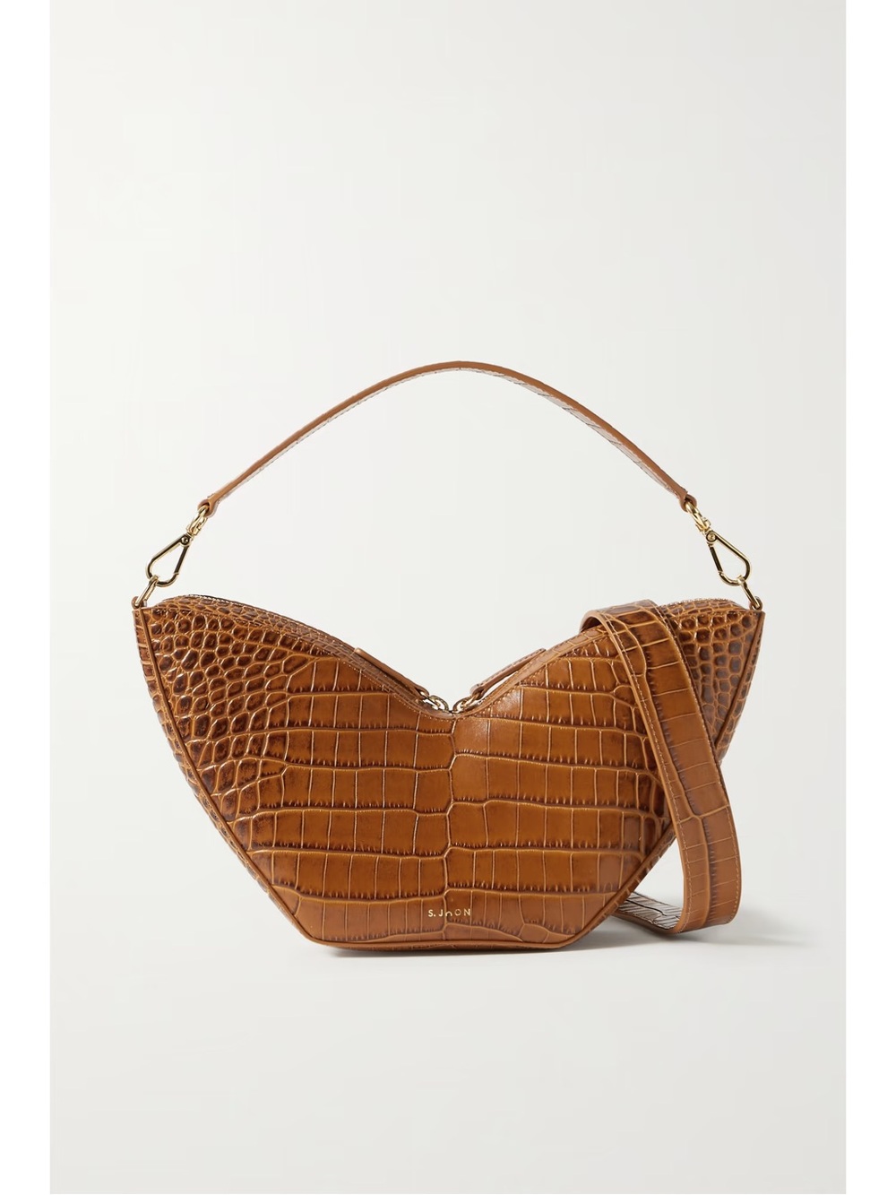 S Joon Croc-Embossed Crescent Shoulder Bag